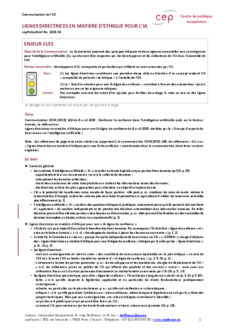 Lignes directrices en matière d'éthique pour l’IA