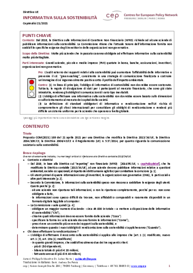 Informativa sulla sostenibilità [cepAnalisi della COM(2021) 189]
