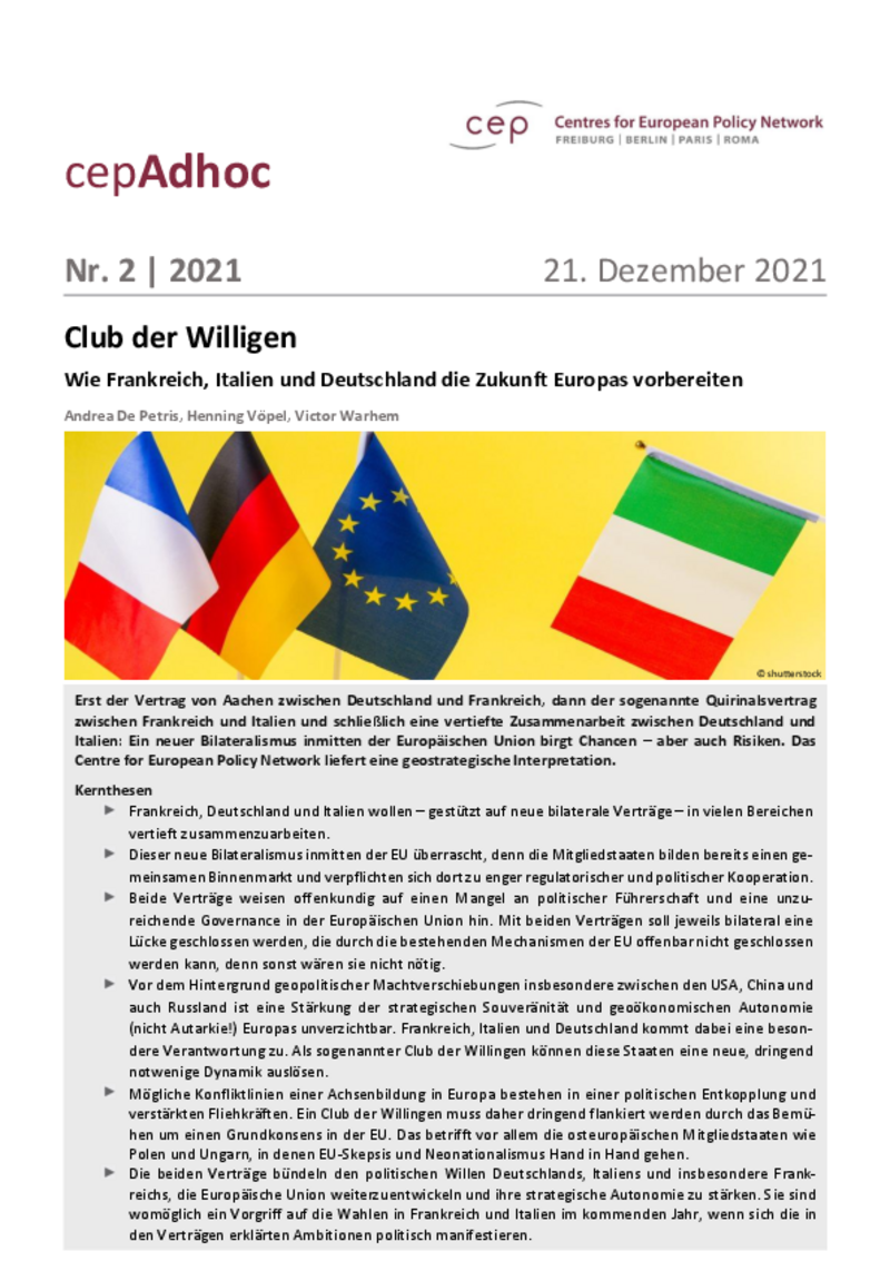 Club der Willigen: Wie Frankreich, Italien und Deutschland die Zukunft Europas vorbereiten (cepAdhoc)