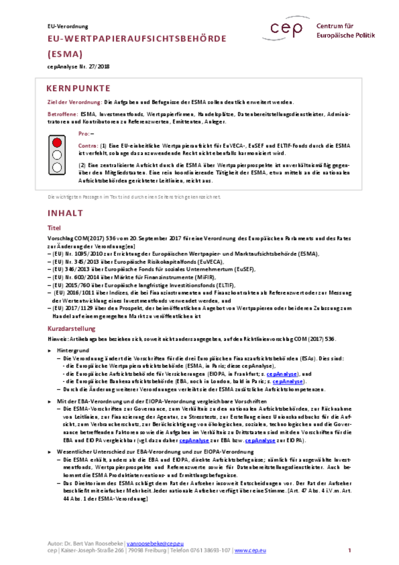 EU-Wertpapieraufsichtsbehörde (ESMA) COM(2017) 536