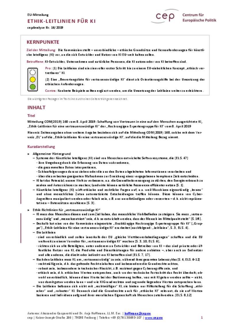 Ethik-Leitlinien für KI (cepAnalyse zur EU-Mitteilung)