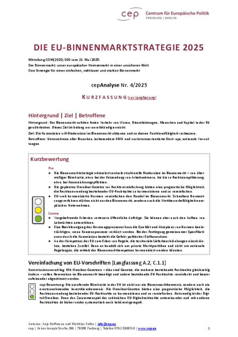 Die neue EU-Binnenmarktstrategie 2025 (Kurzfassung)