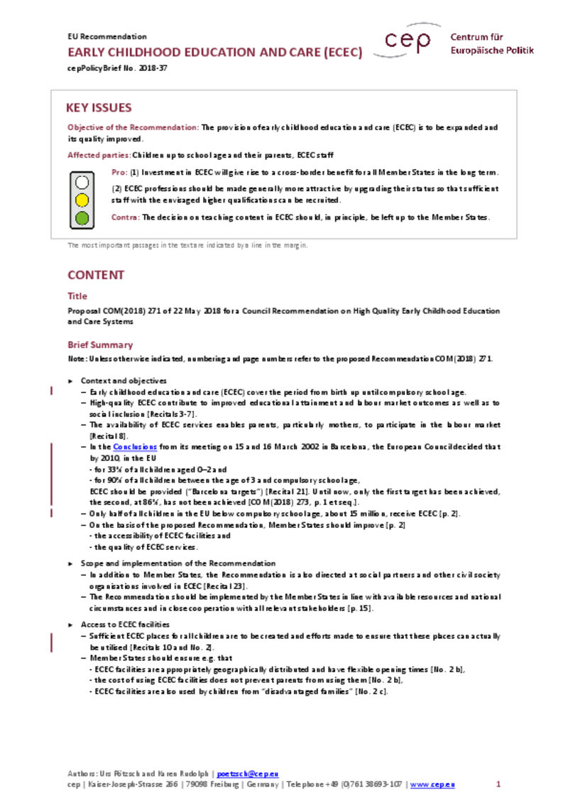 Early Childhood Education and Care COM(2018) 271
