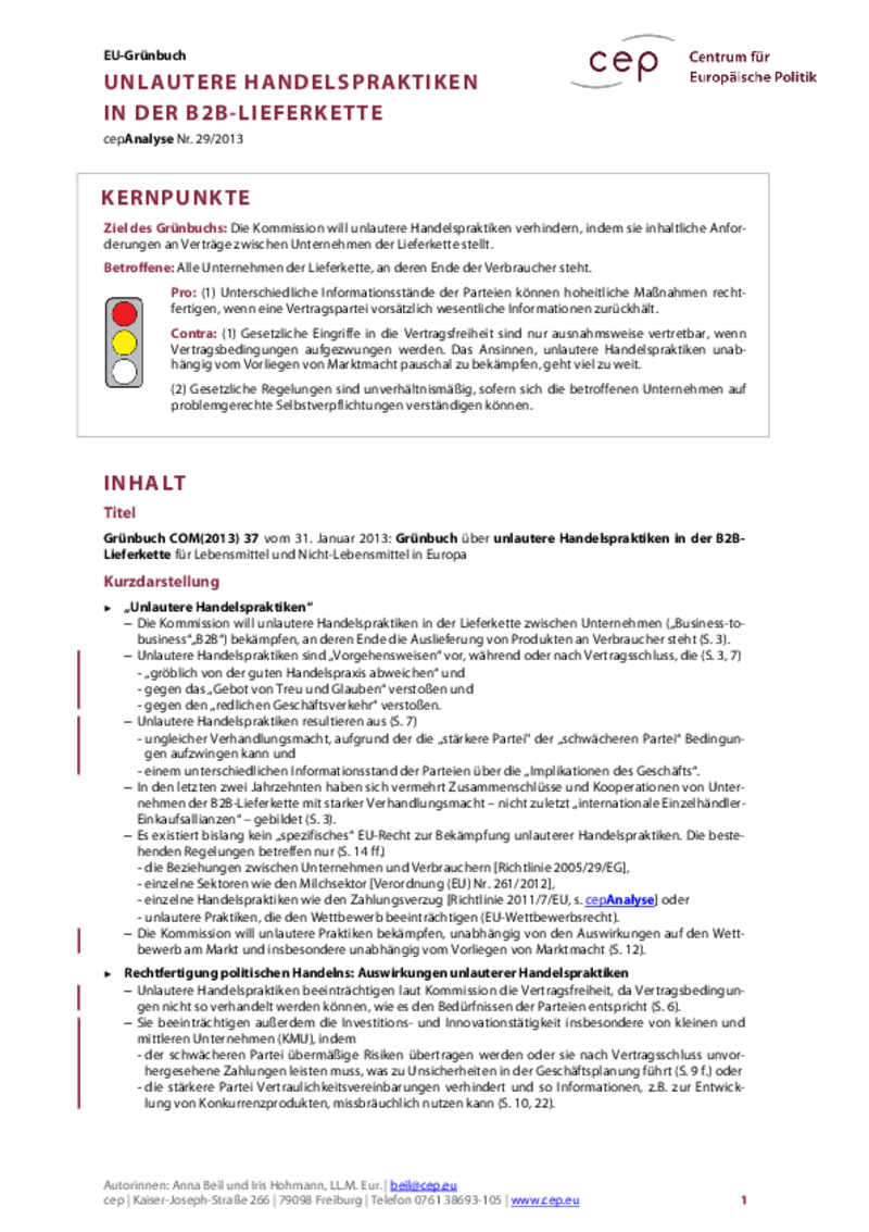 Unlautere Handelspraktiken in der B2B-Lieferkette COM(2013) 37