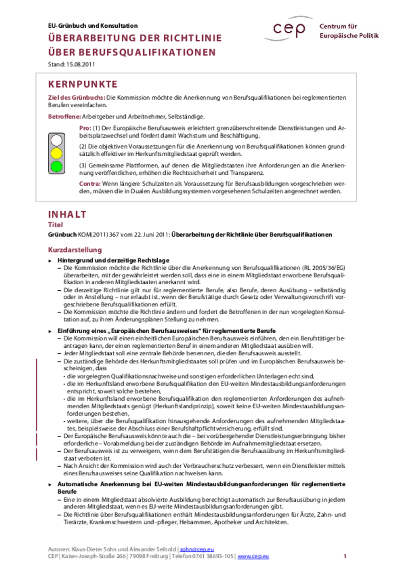 Überarbeitung der Richtlinie über Berufsqualifikationen KOM(2011) 367