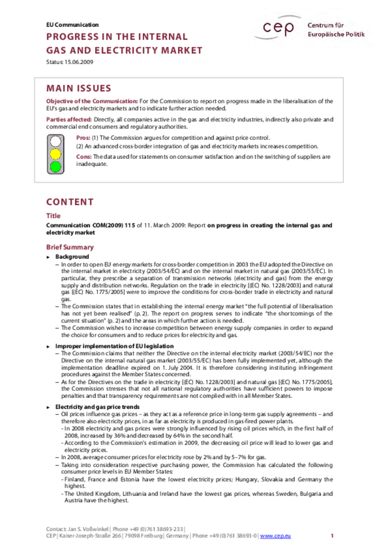 Progress in the Internal Gas and Electricity Markets COM(2009) 115