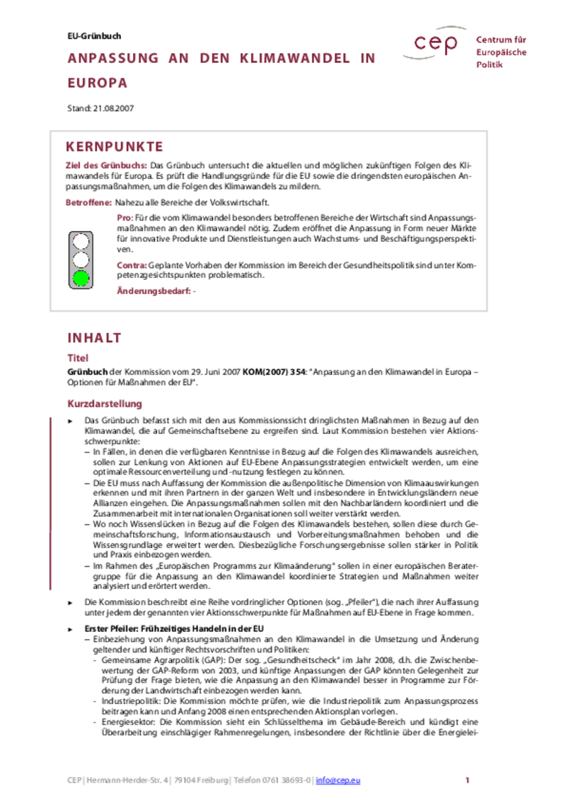 Anpassung an den Klimawandel in Europa KOM(2007) 354