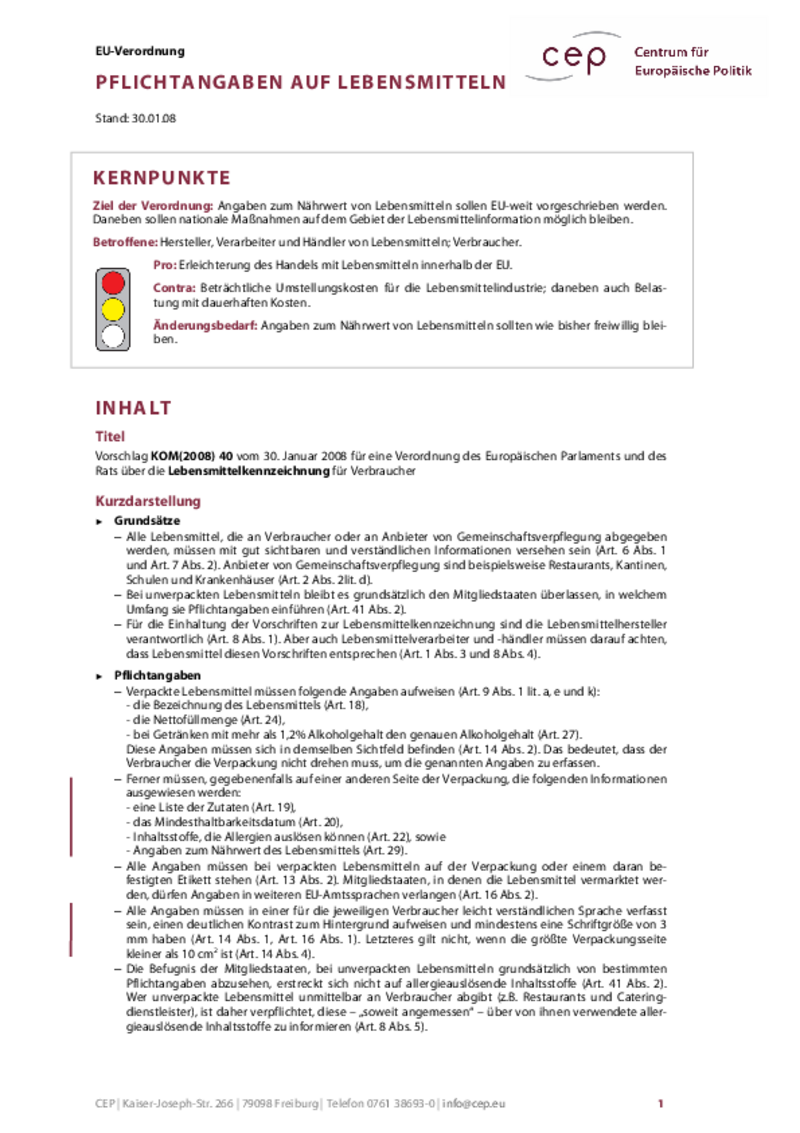 Pflichtangaben auf Lebensmitteln KOM(2008) 40