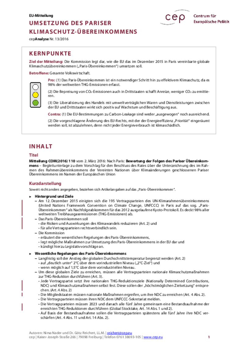 Umsetzung des Pariser Klimaschutz-Übereinkommens COM(2016) 110