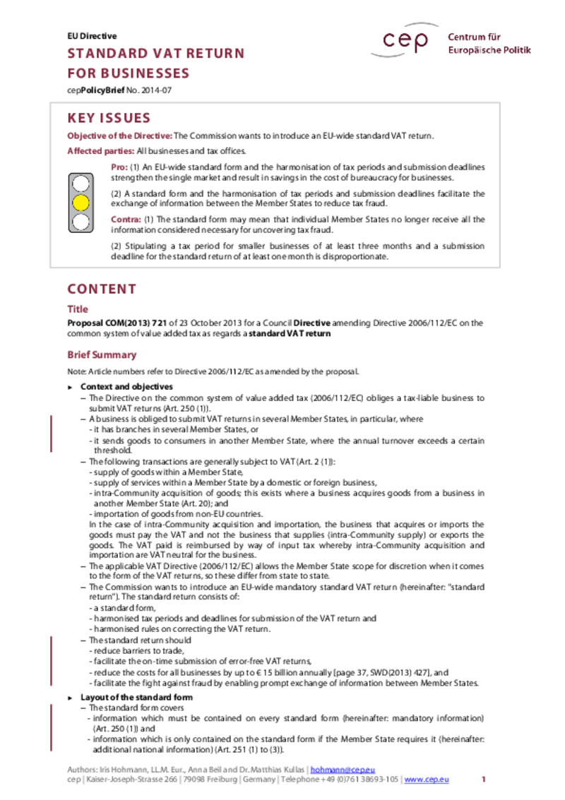 Standard VAT Return for Businesses COM(2013) 721