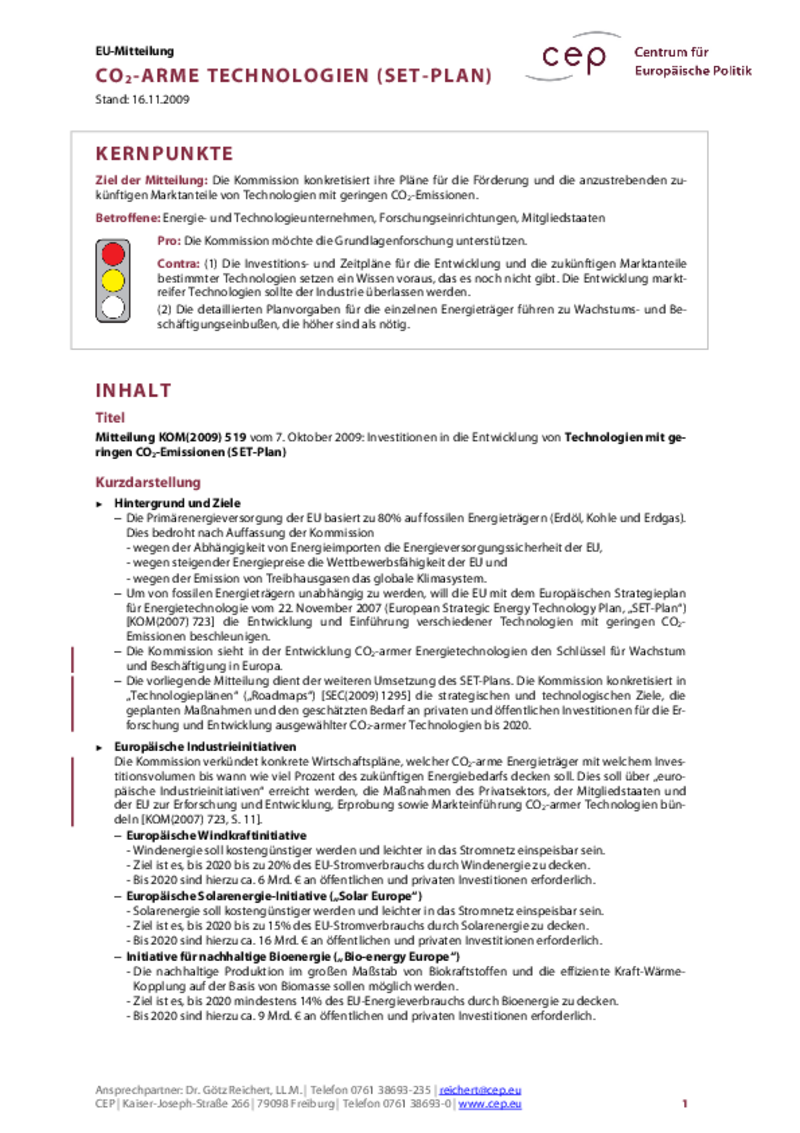 CO2-arme Technologien (SET-Plan) KOM(2009) 519