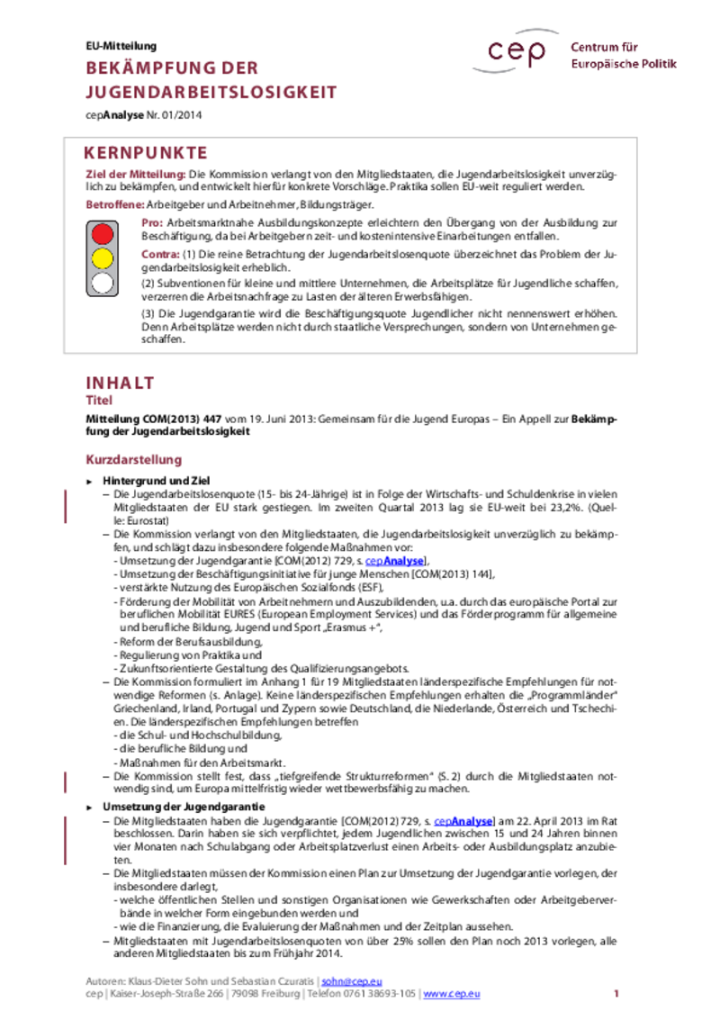 Jugendarbeitslosigkeit COM(2013) 447