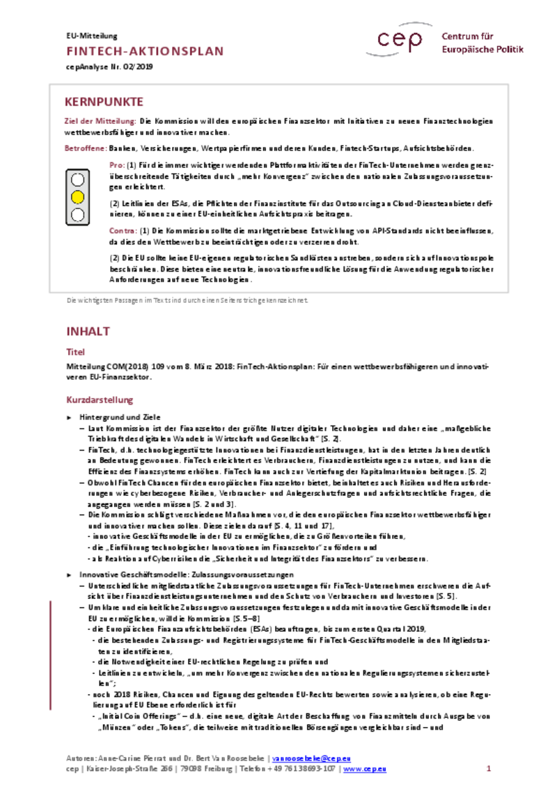 FinTech-Aktionsplan COM(2018) 109
