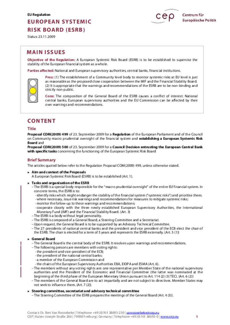 European Systemic Risk Board COM(2009) 499
