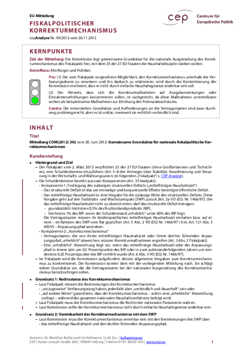 Fiskalpolitischer Korrekturmechanismus COM(2012) 342