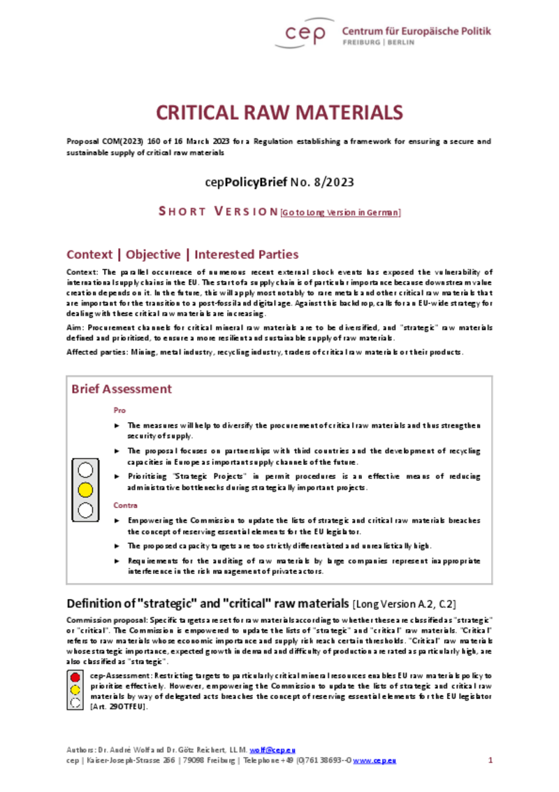 Critical Raw Materials (cepPolicyBrief) Short Version