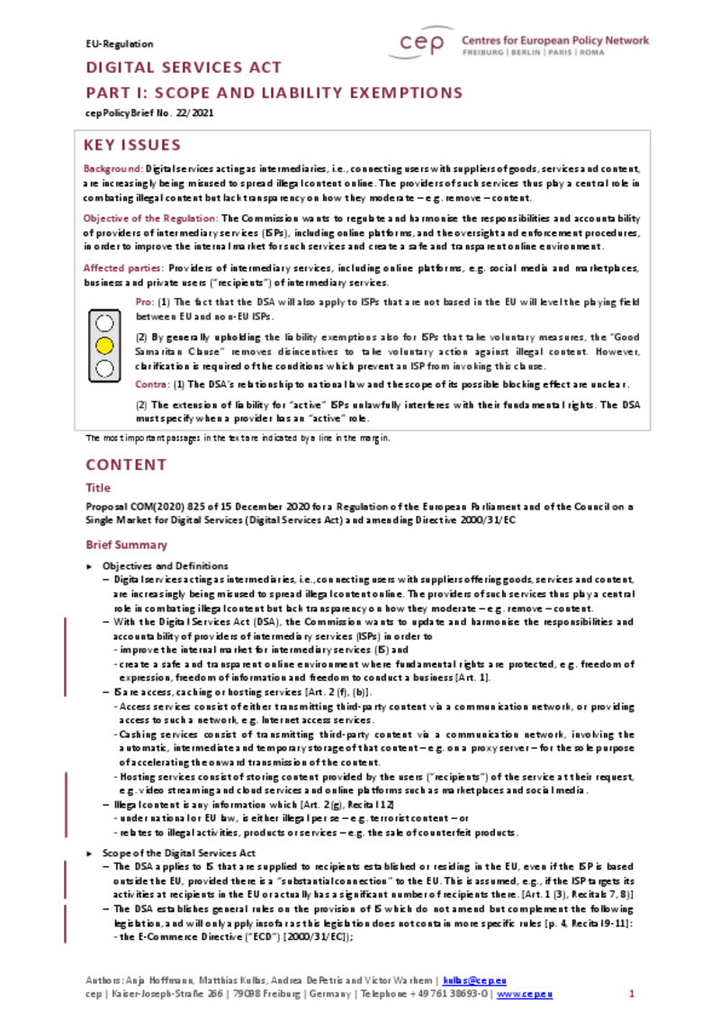 Digital Service Act Part I: Scope and Liability Exemptions (cepPolicyBrief COM 2020 825)