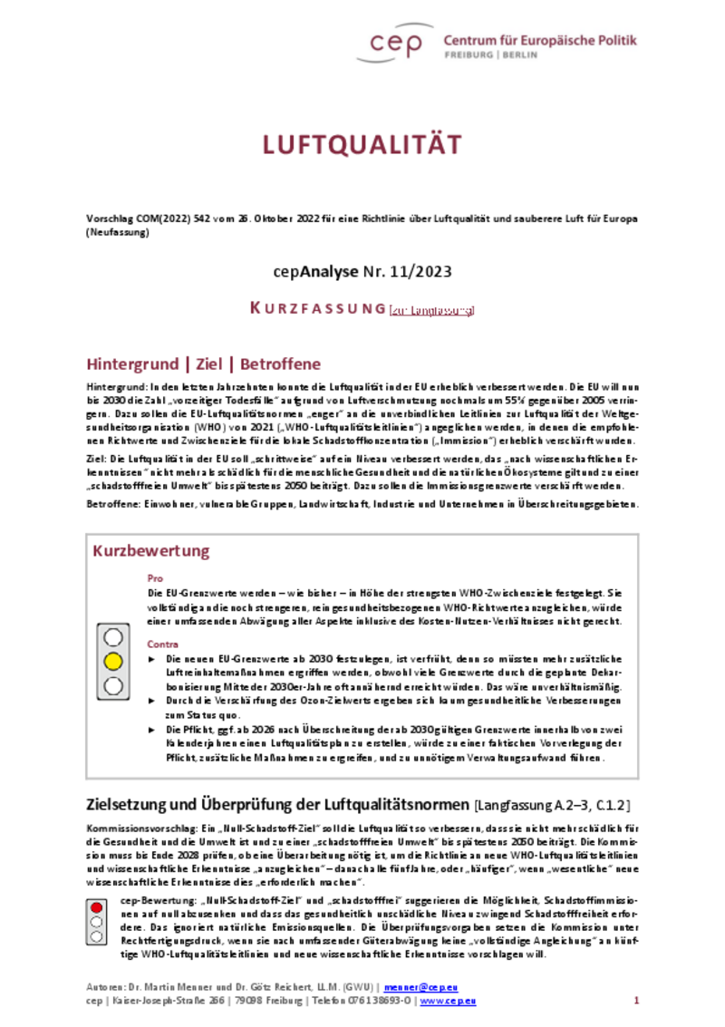 Luftqualität (cepAnalyse Kurzfassung)