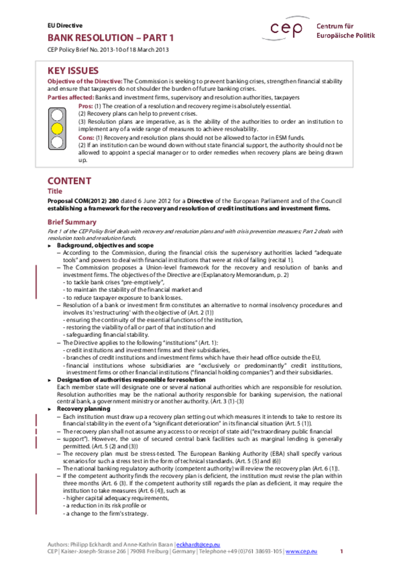 Bank Resolution Part 1 COM(2012) 280