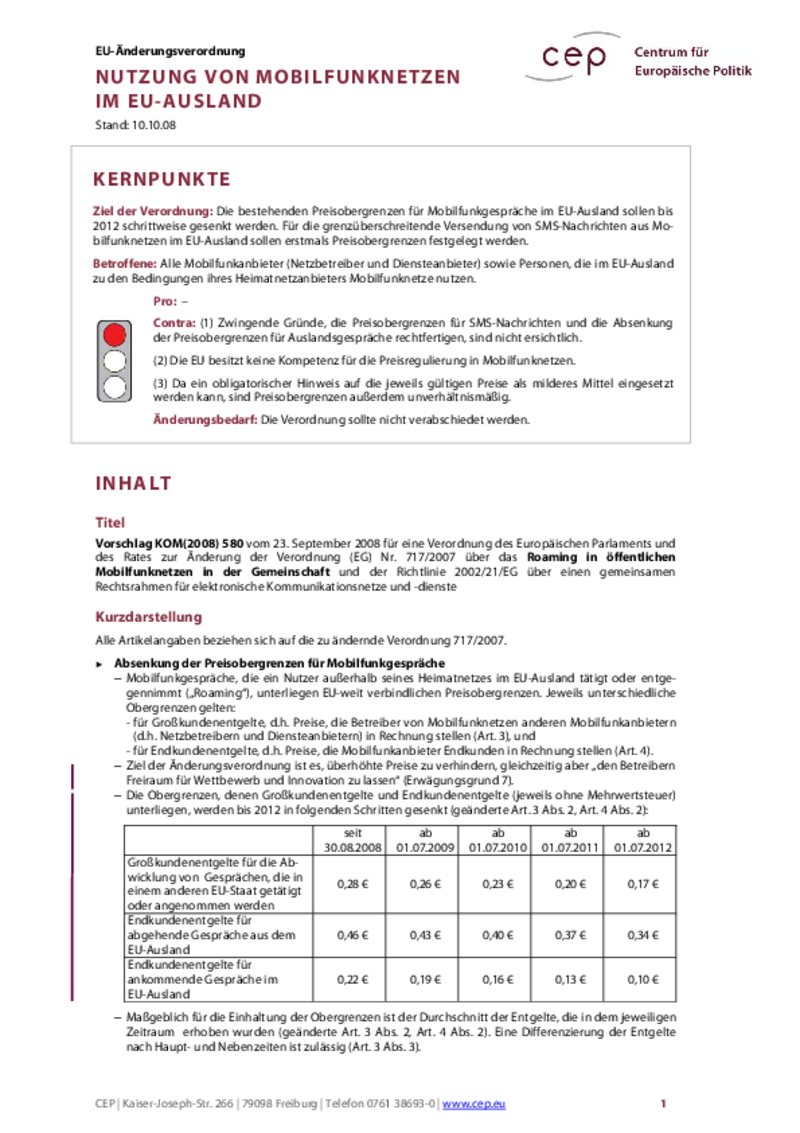 Nutzung von Mobilfunknetzen im EU-Ausland KOM(2008) 580