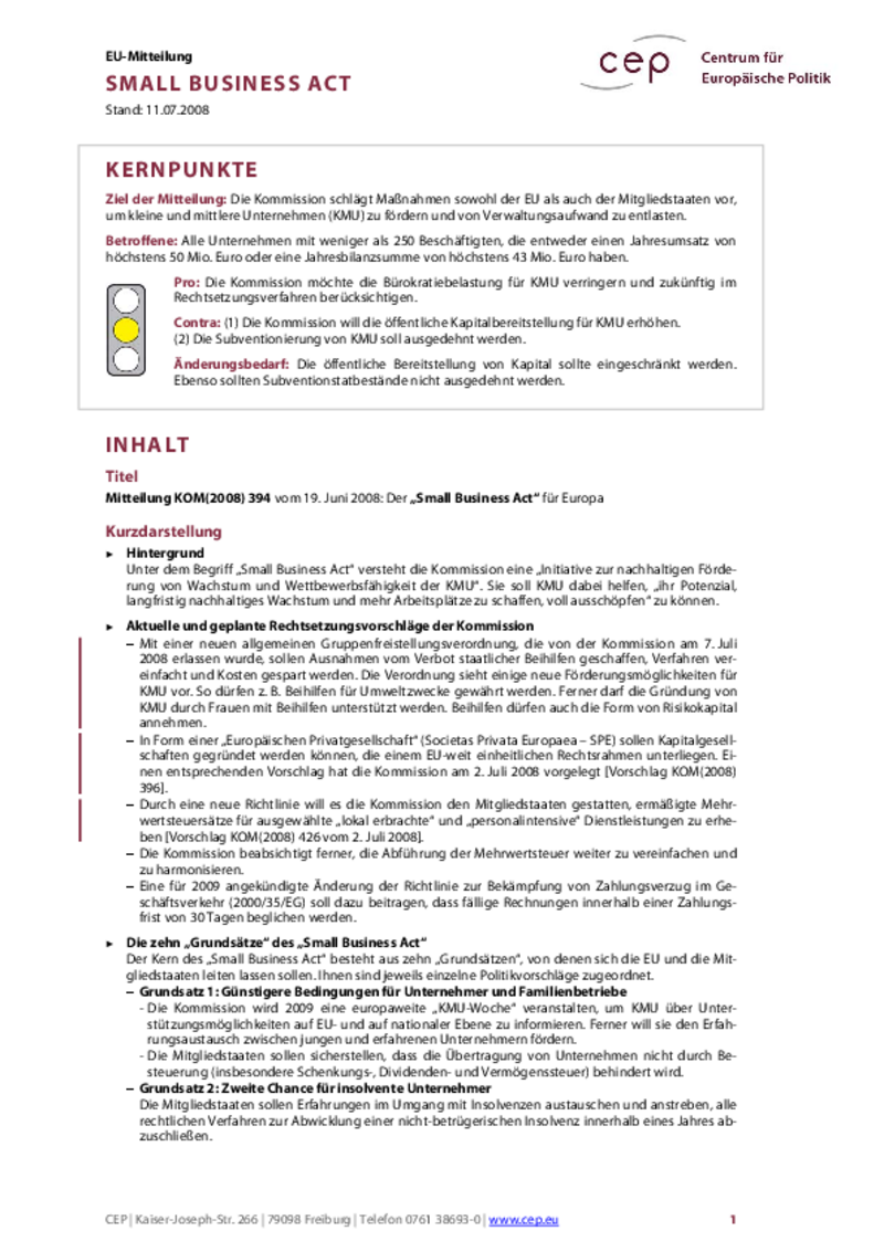 Small Business Act KOM(2008) 394