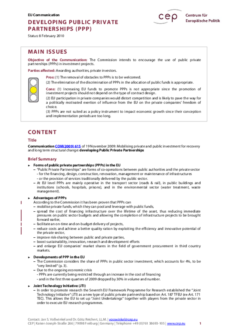 Developing Public Private Partnerships (PPP) COM(2009) 615