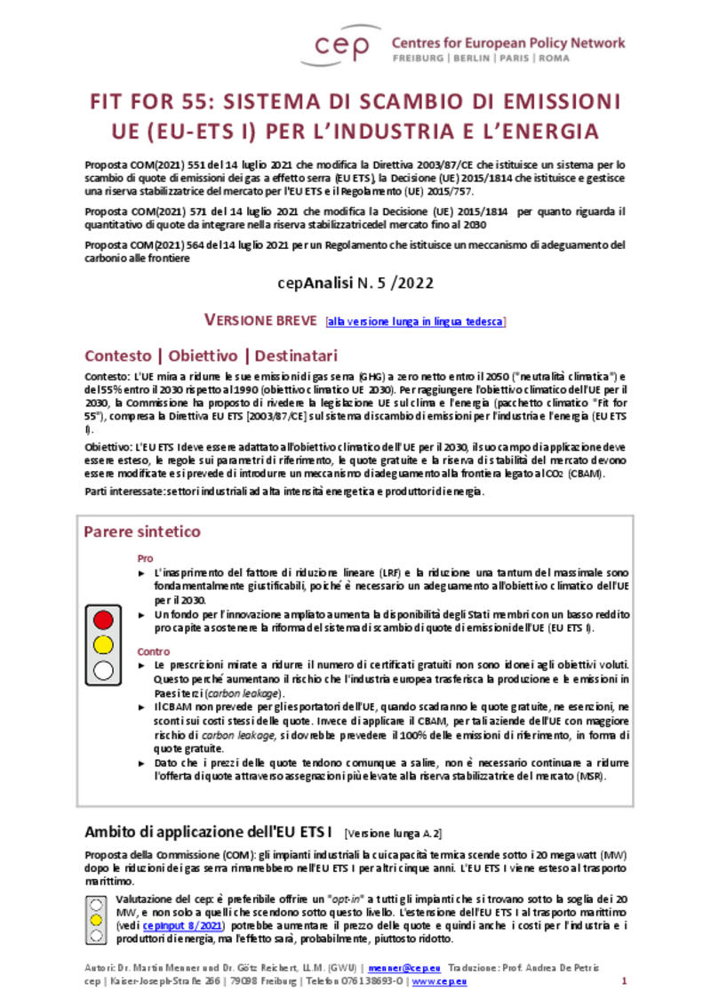 “Fit for 55”: EU-ETS I per l‘industria e l‘energia (cepAnalisi della COM(2021)551 )