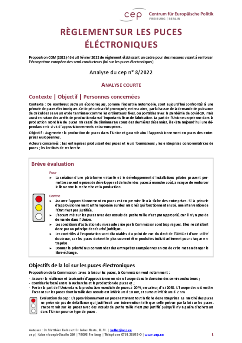 Règlement sur les puces électroniques : le cep Fribourg/Berlin prédit une course aux subventions avec les pays tiers