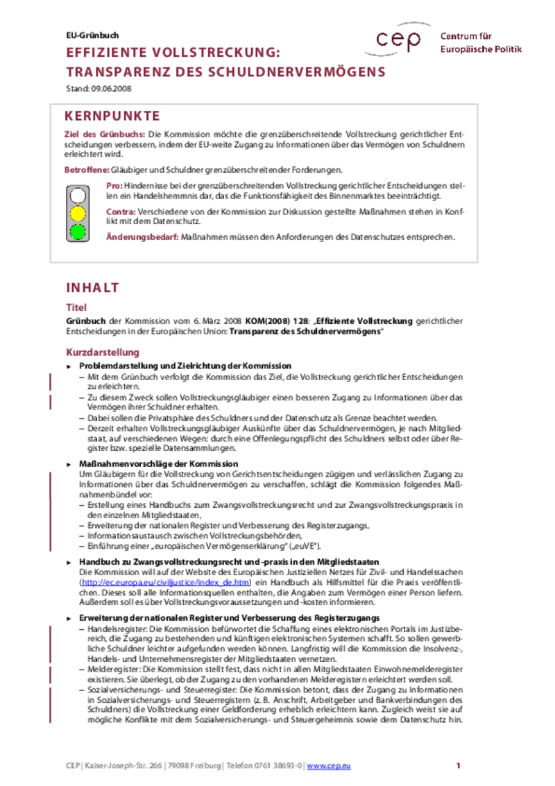Effiziente Vollstreckung: Transparenz des Schuldnervermögens KOM(2008) 128