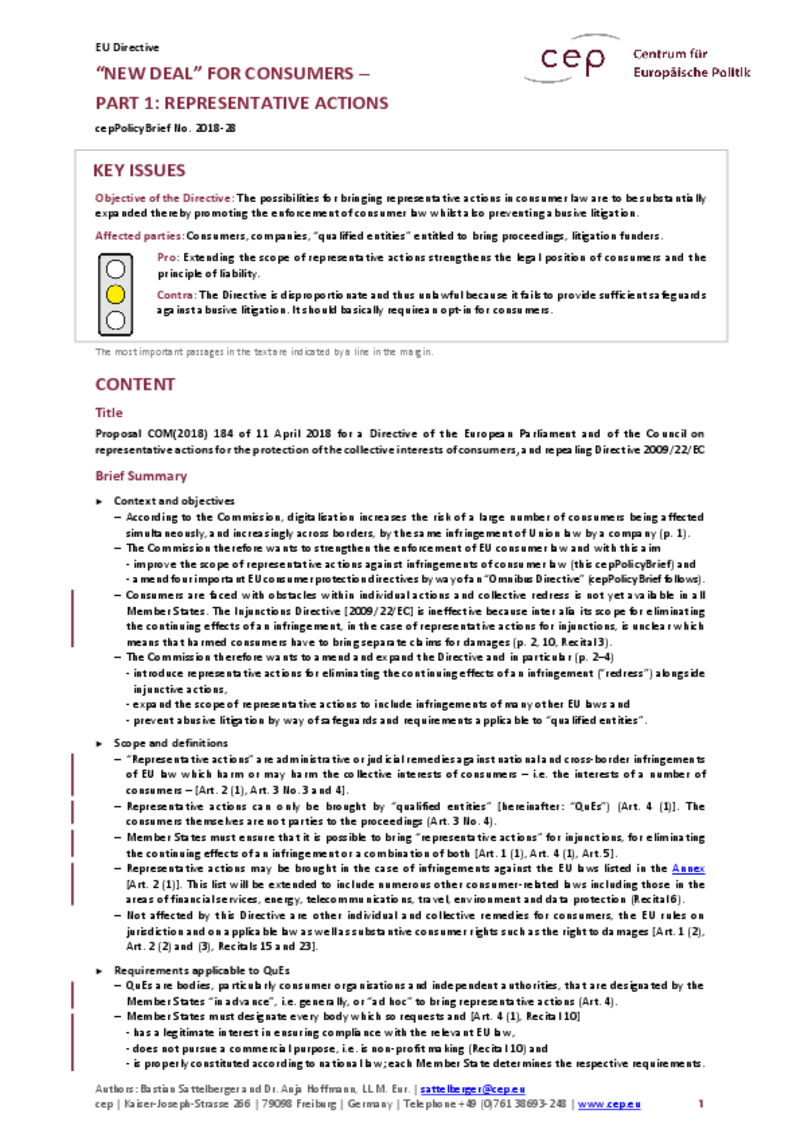“New Deal” for Consumers – Part 1: Representative Actions