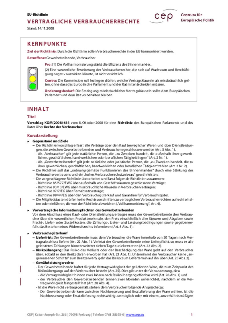 Vertragliche Verbraucherrechte KOM(2008) 614