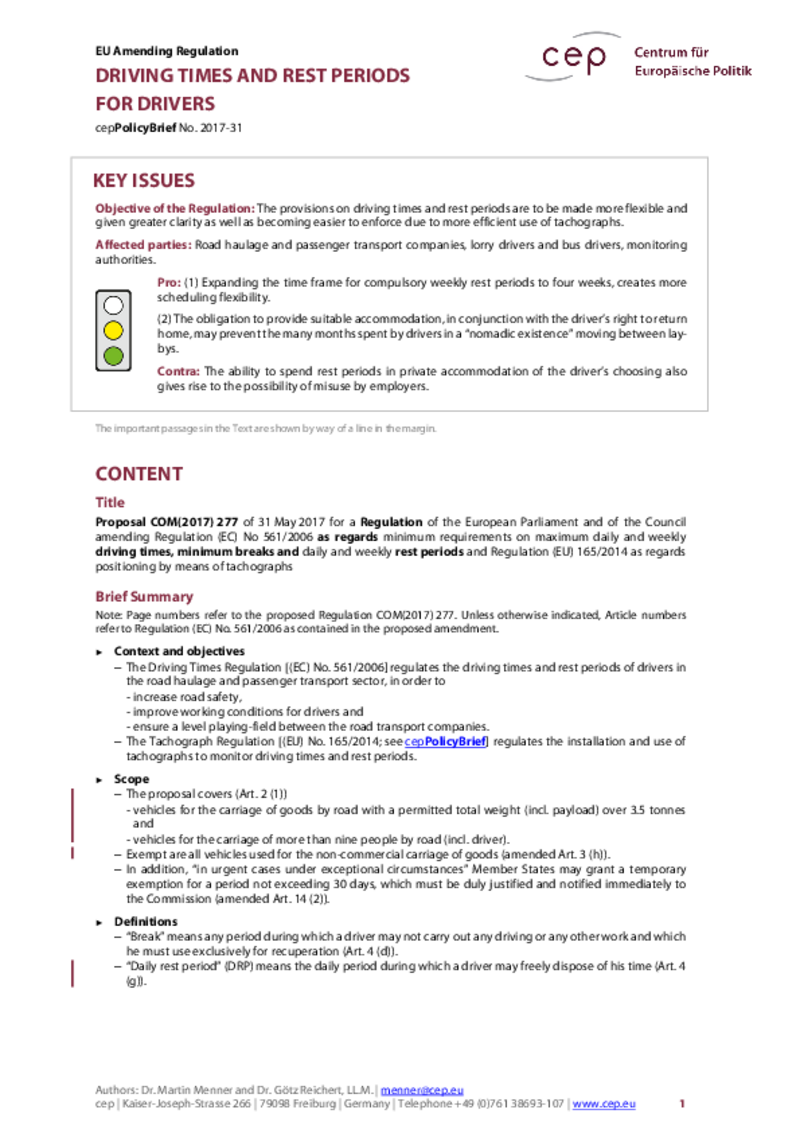 Driving Times and Rest Periods for Drivers COM(2017) 277