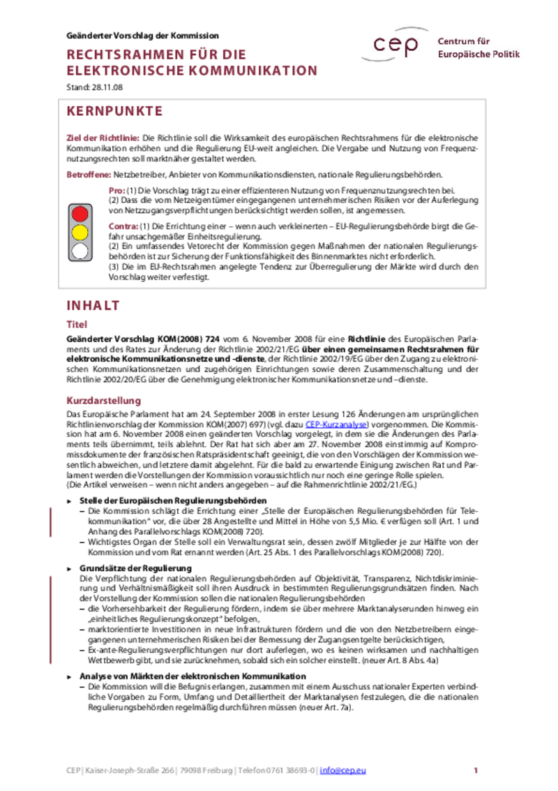 Amendment of the Common Regulatory Framework for Electronic Communications Networks and Services COM(2008) 724 (German)