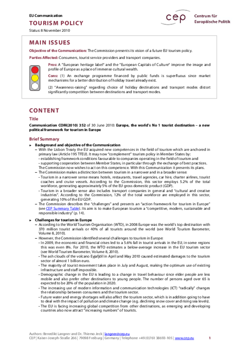 Tourism Policy COM(2010) 352