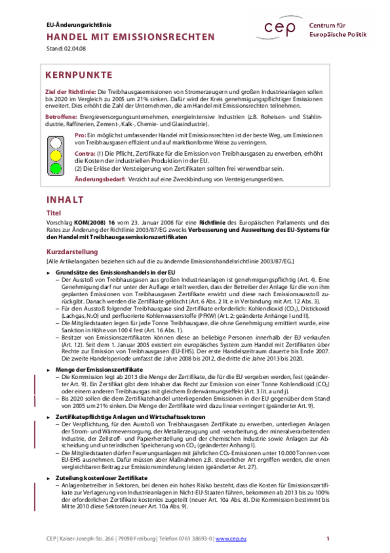 Handel mit Emissionsrechten KOM(2008) 16