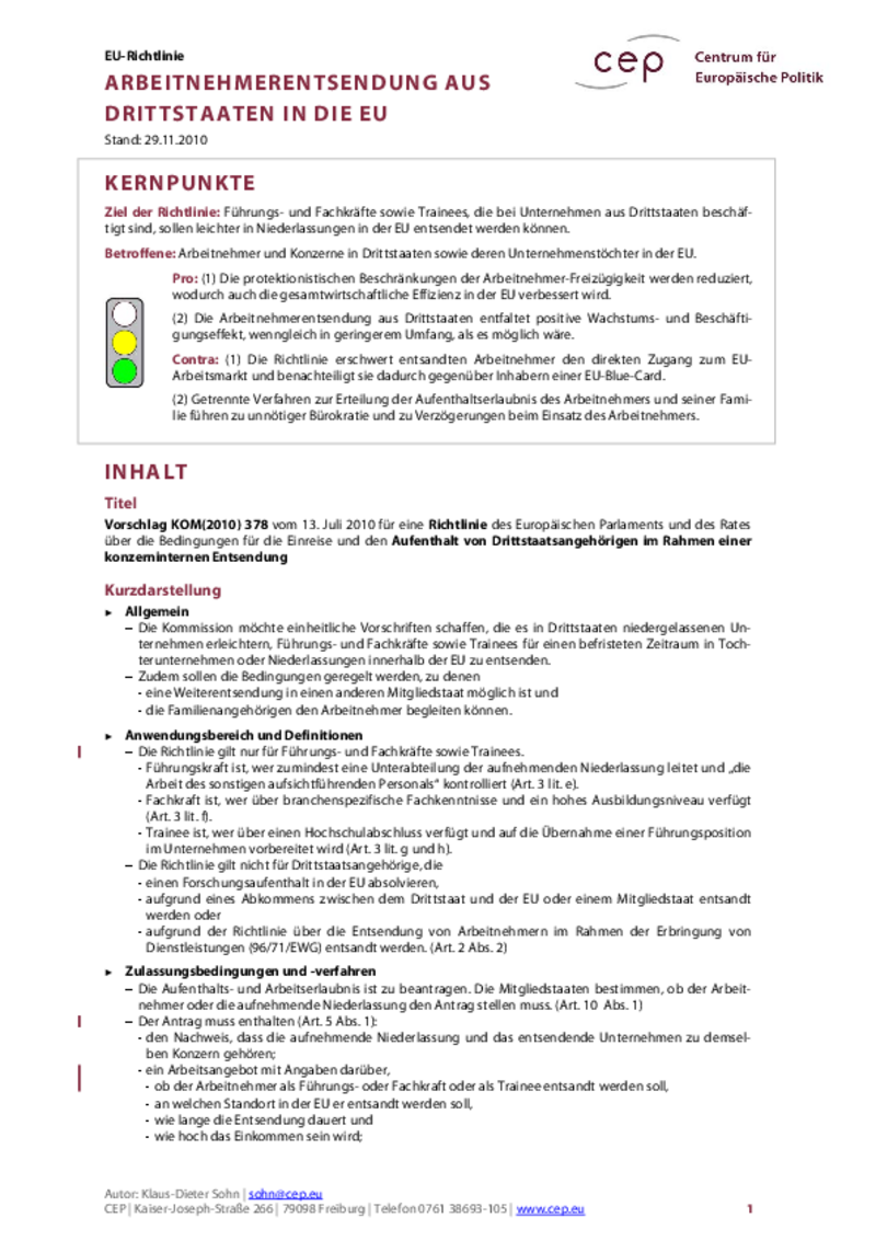 Arbeitnehmerentsendung aus Drittstaaten in die EU KOM(2010) 378