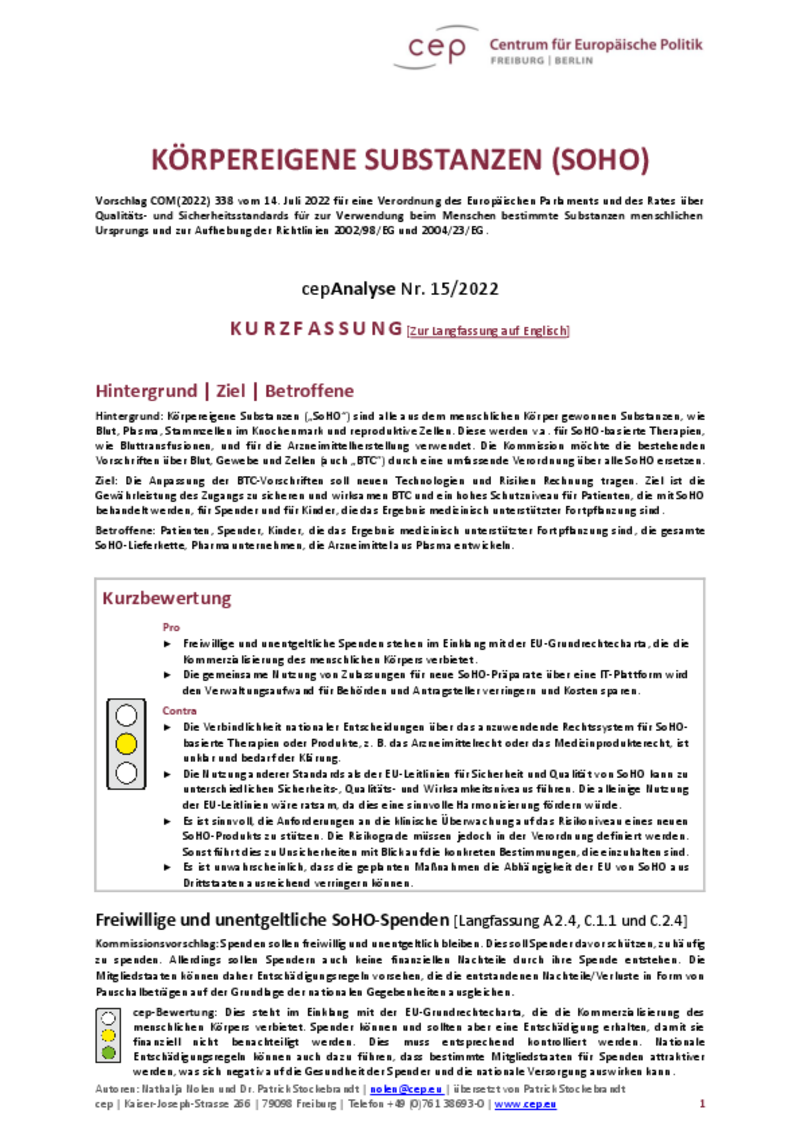 Körpereigene Substanzen (cepAnalyse zu COM(2022) 338) Kurzfassung