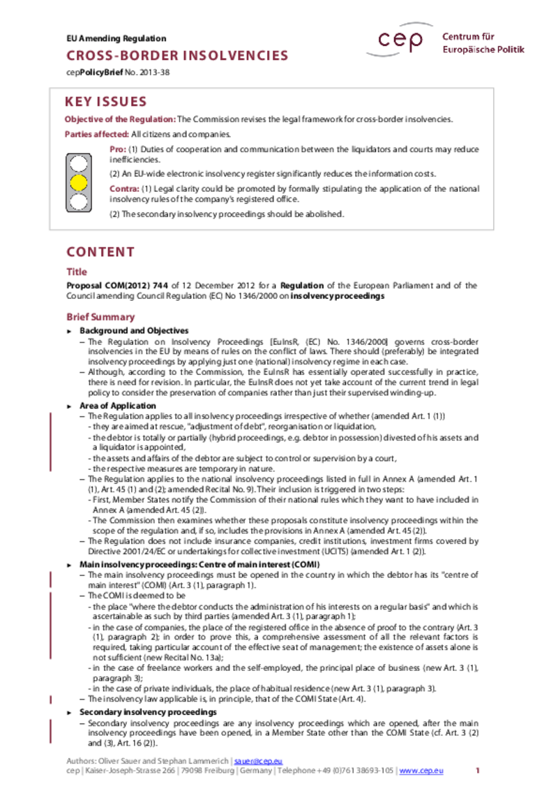 Cross-border insolvencies COM(2012) 744