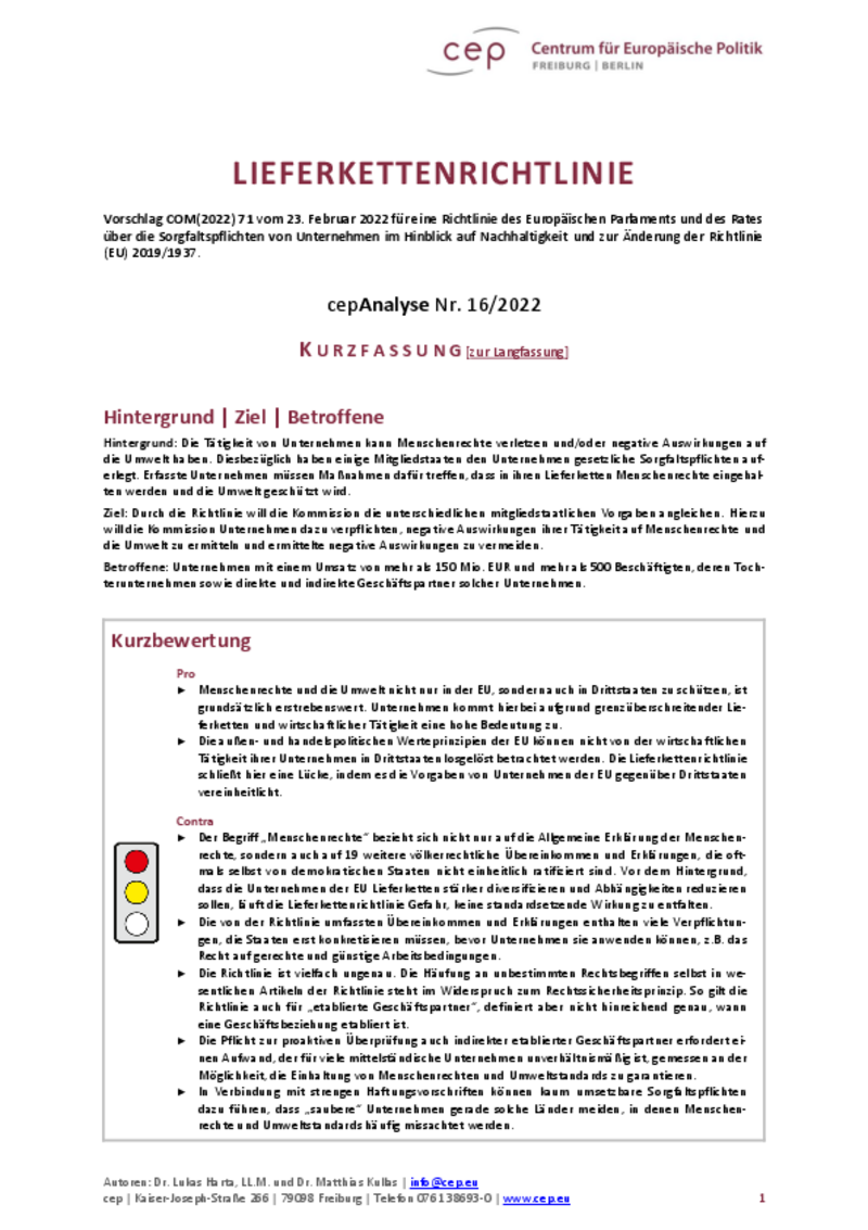 Lieferkettenrichtlinie (cepAnalyse zu COM(2022) 71) Kurzfassung