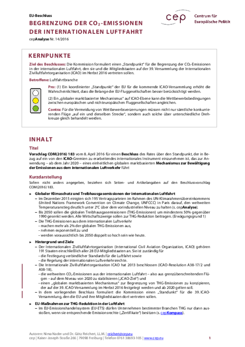 Begrenzung der CO2-Emissionen der internationalen Luftfahrt COM(2016) 183