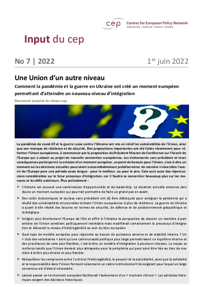 The Next Level of Europe- Le cep situe l'Union à la croisée des chemins