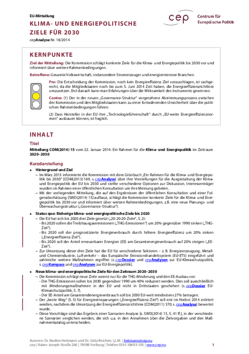 Klima- und energiepolitische Ziele für 2030 COM(2014) 15