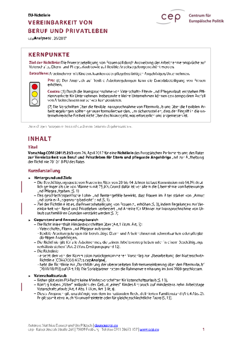 Vereinbarkeit von Beruf und Privatleben COM(2017) 253