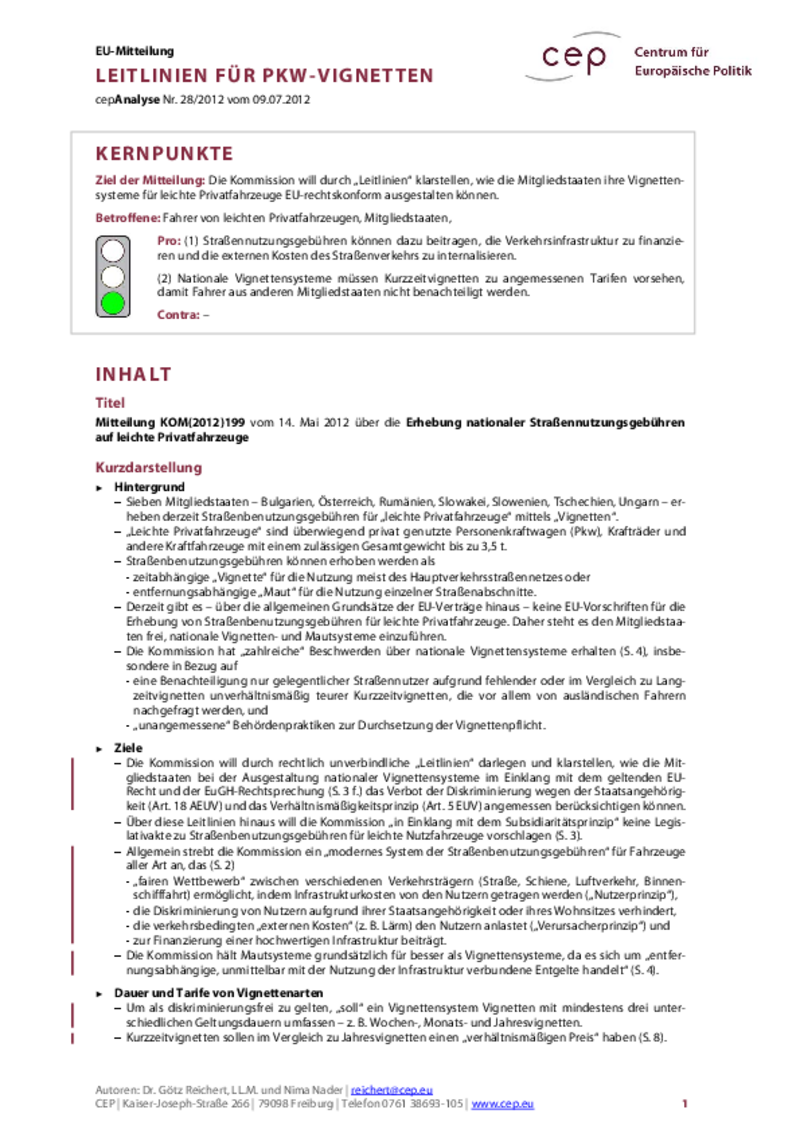 Leitlinien für PKW-Vignetten COM(2012) 199