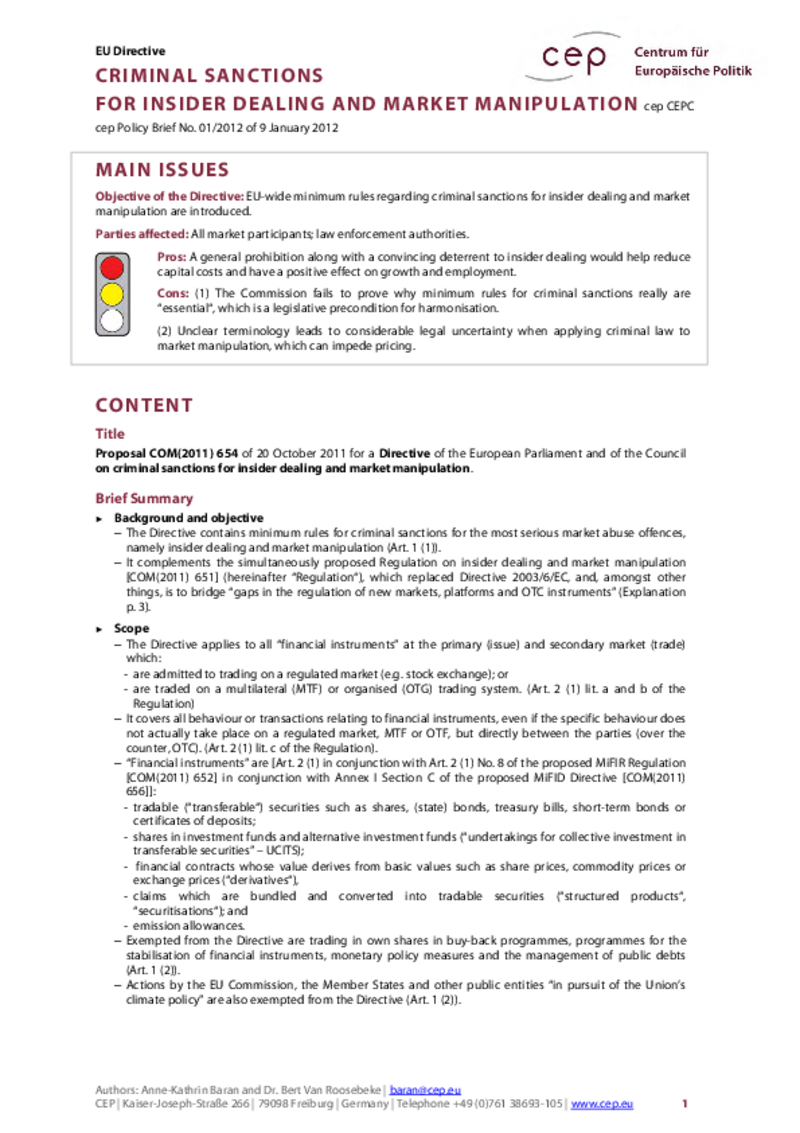 Criminal Sanctions for Insider Dealing and Market Manipulation COM(2011) 654