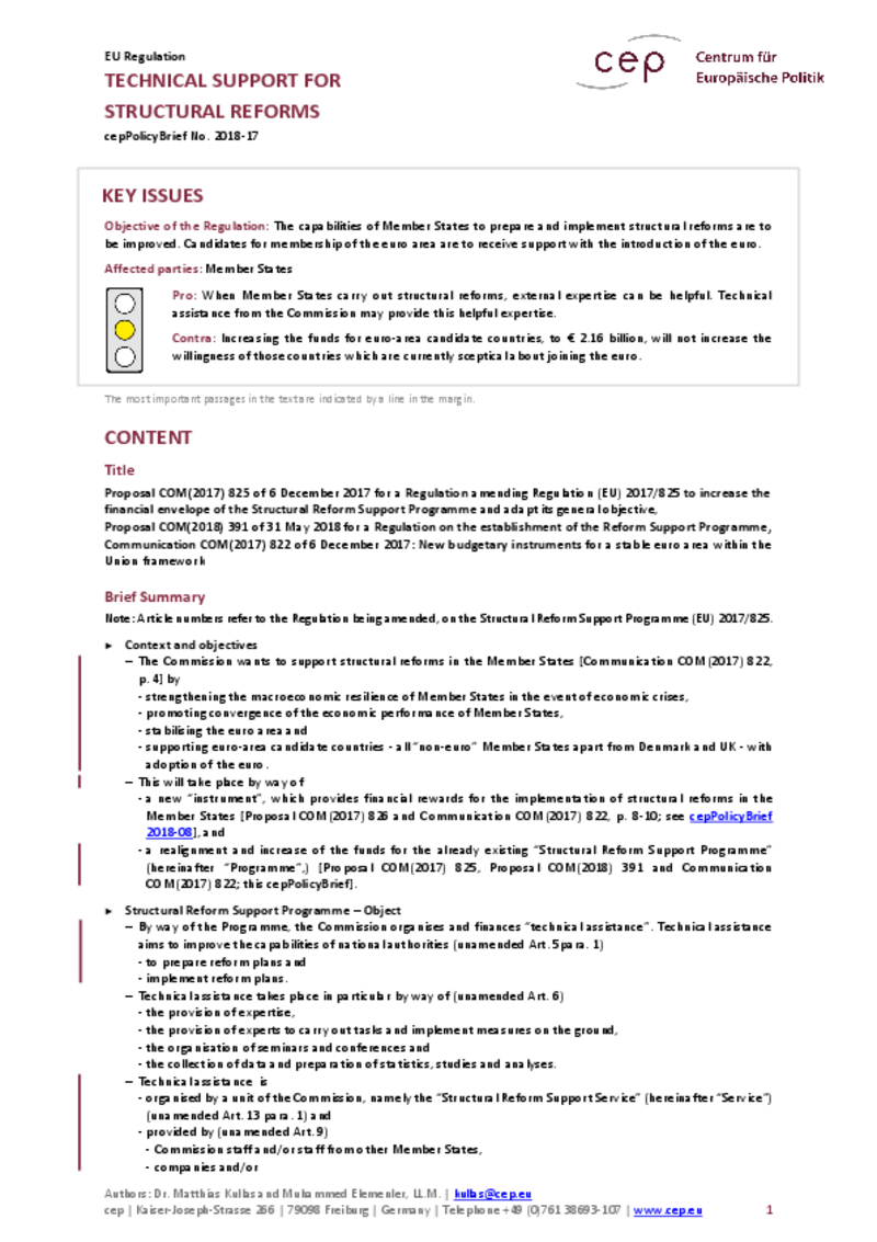 Technical Support for Structural Reforms COM(2017) 825