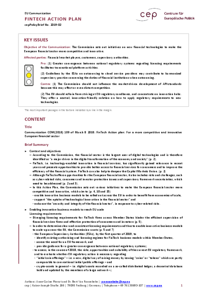 FinTech Action Plan COM(2018) 109