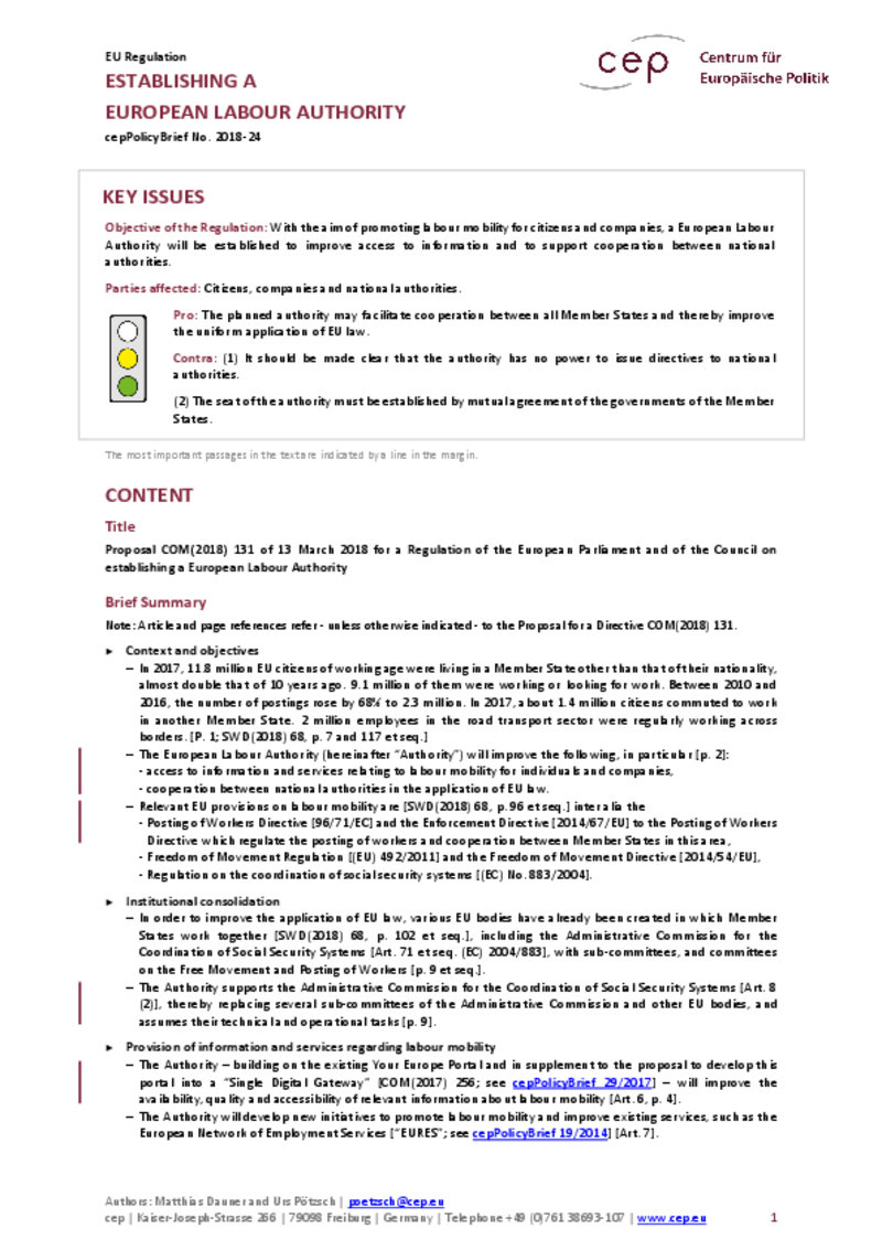 Establishing a European Labour Authority COM(2018) 131