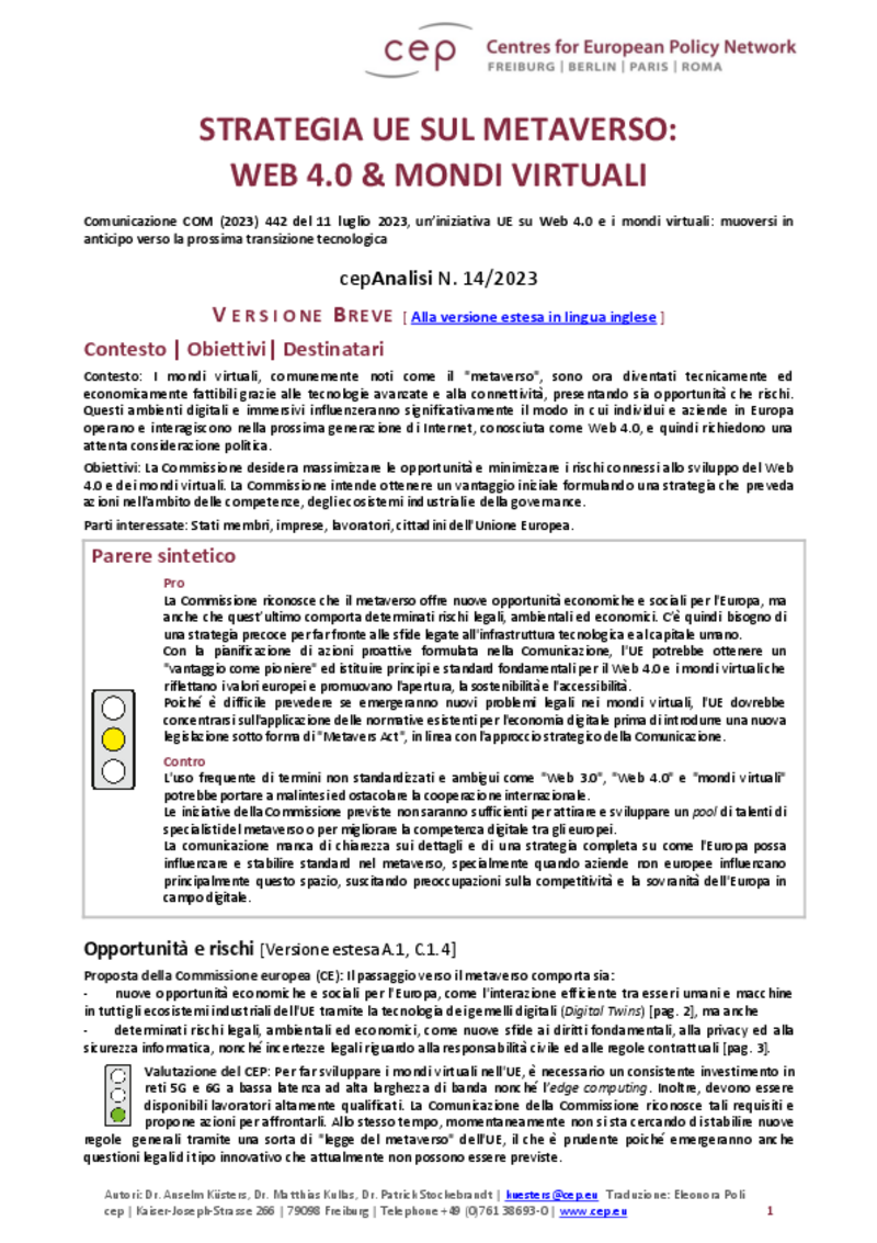 Strategia UE sul Metaverso: Web 4.0 & Mondi virtuali (cepAnalisi della COM (2023) 442)