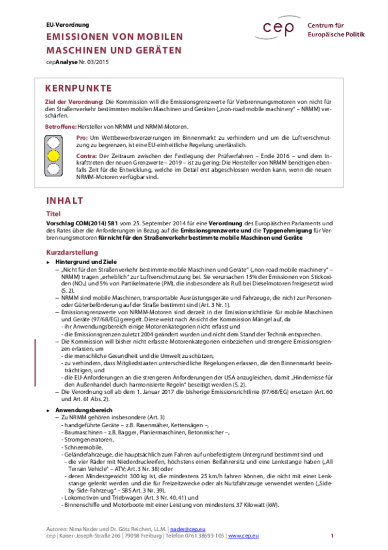 Emissionen von mobilen Maschinen und Geräten COM(2014) 581